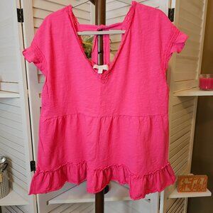 Weekend by Suzanne Betro, Plus Size 1X, Pink, V-neck, Tie/Back, 3 Tiered, Shirt